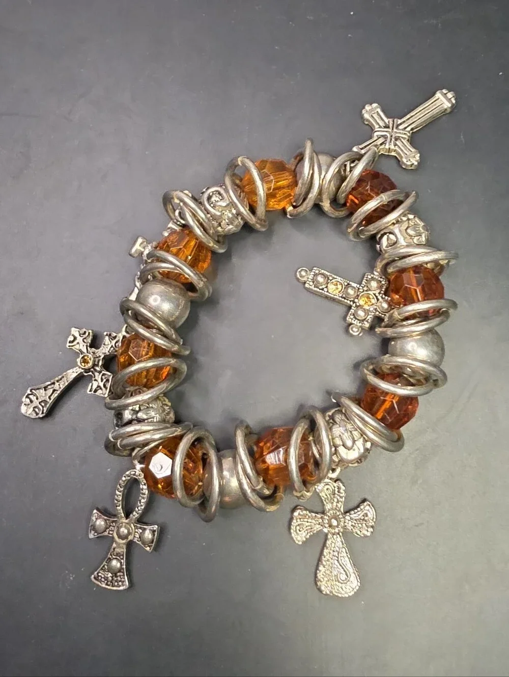 Amber Glass Bead Cross Charm Stretch Bracelet - Women Jewelry